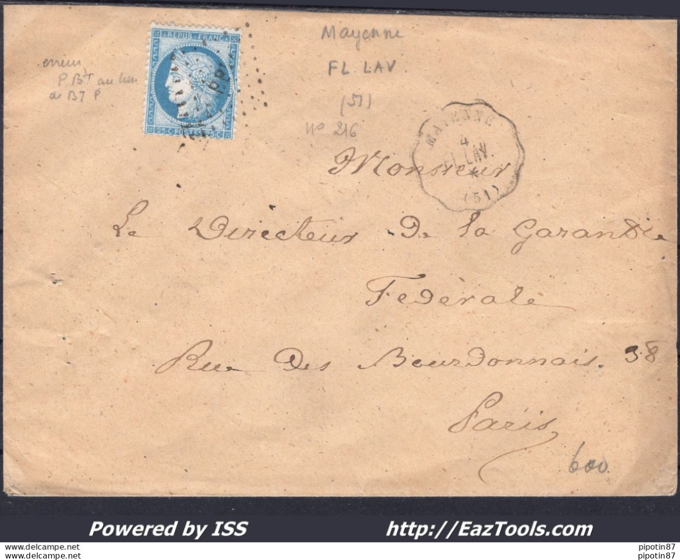 FRANCE N°60A SUR LETTRE AVEC CONVOYEUR DE STATION MAYENNE LIGNE 216 FL.LAV - 1871-1875 Ceres