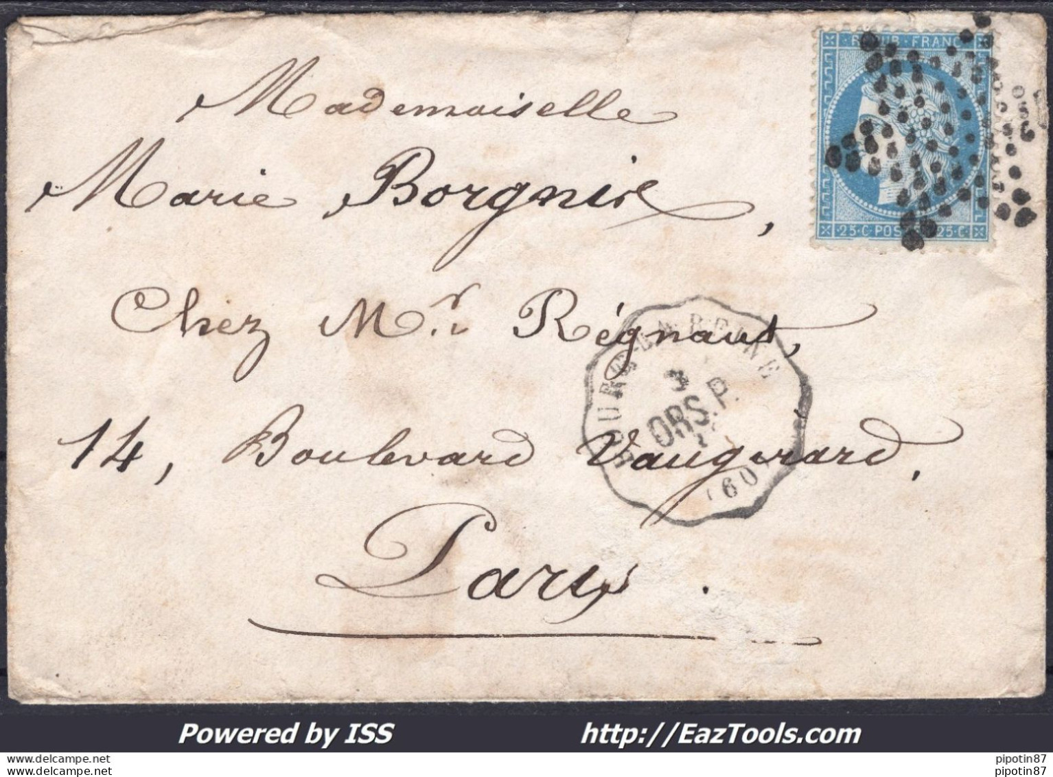 FRANCE N°60A SUR LETTRE AVEC CONVOYEUR DE STATION BOURG LA REINE LIGNE 310 ORS.P. - 1871-1875 Cérès