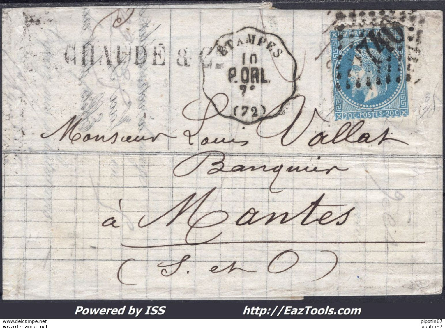 FRANCE N°29B SUR LETTRE AVEC CONVOYEUR DE STATION ETAMPES LIGNE 308 P.ORL. - 1863-1870 Napoléon III Con Laureles