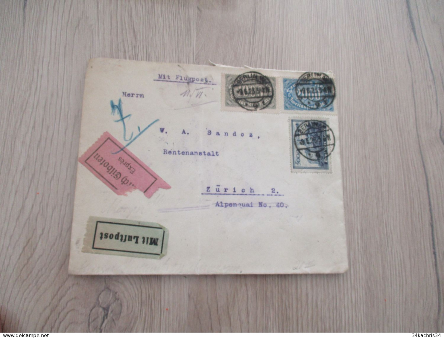 Lettre Allemagne Deutschland X3TP Berlin Pour Zurich Suisse 1923 Flugpost Express Cachet Telegraph Zurich Au Dos - Lettres & Documents