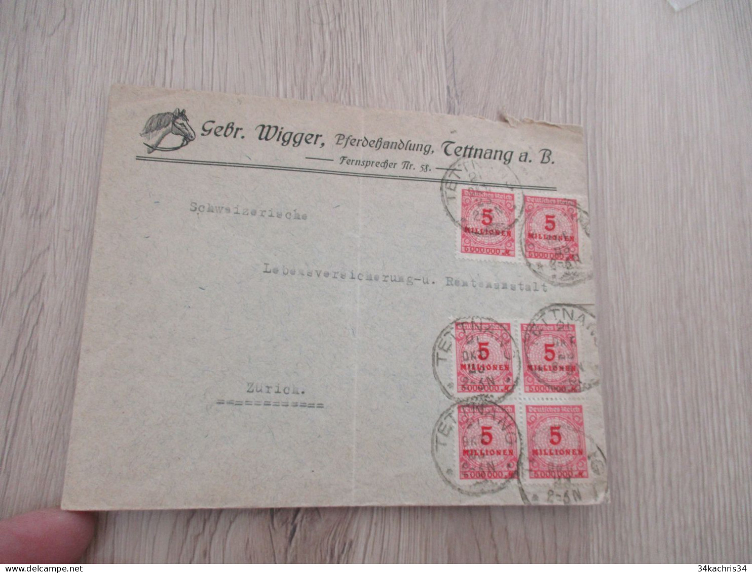 Lettre Allemagne Deutschland X6TP Tettang Pour Zurich Suisse 1923 - Lettres & Documents