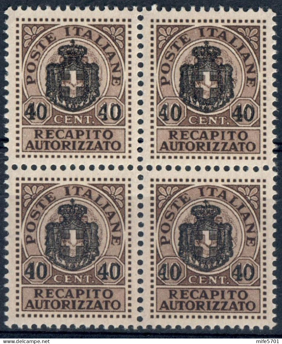 LUOGOTENENZA 1945 QUARTINA C. 40 SU C. 10 RECAPITO AUTORIZZATO - NUOVI MNH ** SASSONE RA5 - Autorisierter Privatdienst