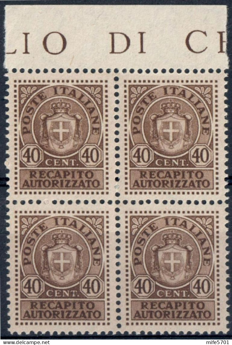 LUOGOTENENZA 1945 QUARTINA C. 40 RECAPITO AUTORIZZATO - NUOVI MNH ** SASSONE RA6 - Autorisierter Privatdienst