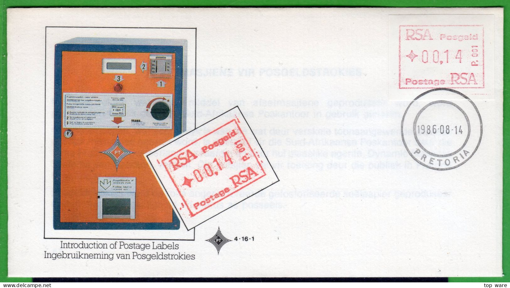 1986 Südafrika South Africa RSA ATM 1 FDC Official + MNH + CTO. Frama Automatenmarken Automatici Etiquetas - Automatenmarken (Frama)