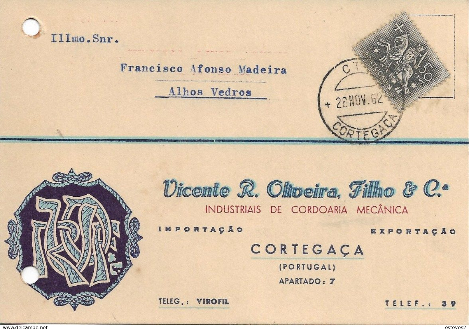 Portugal , 1962 , VICENTE R. OLIVEIRA FILHO & Cª, Cordage  , CORTEGAÇA , Commercial Postcard - Portogallo