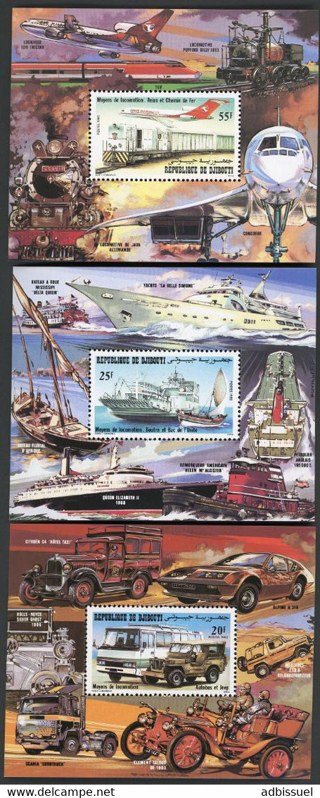 DJIBOUTI 3 Blocs Spéciaux COTE 10 € N° 554 + 555 + 556 MNH ** TRANSPORTS Plane Boat Car Avions Bateaux Voitures. TB/VG - Altri & Non Classificati