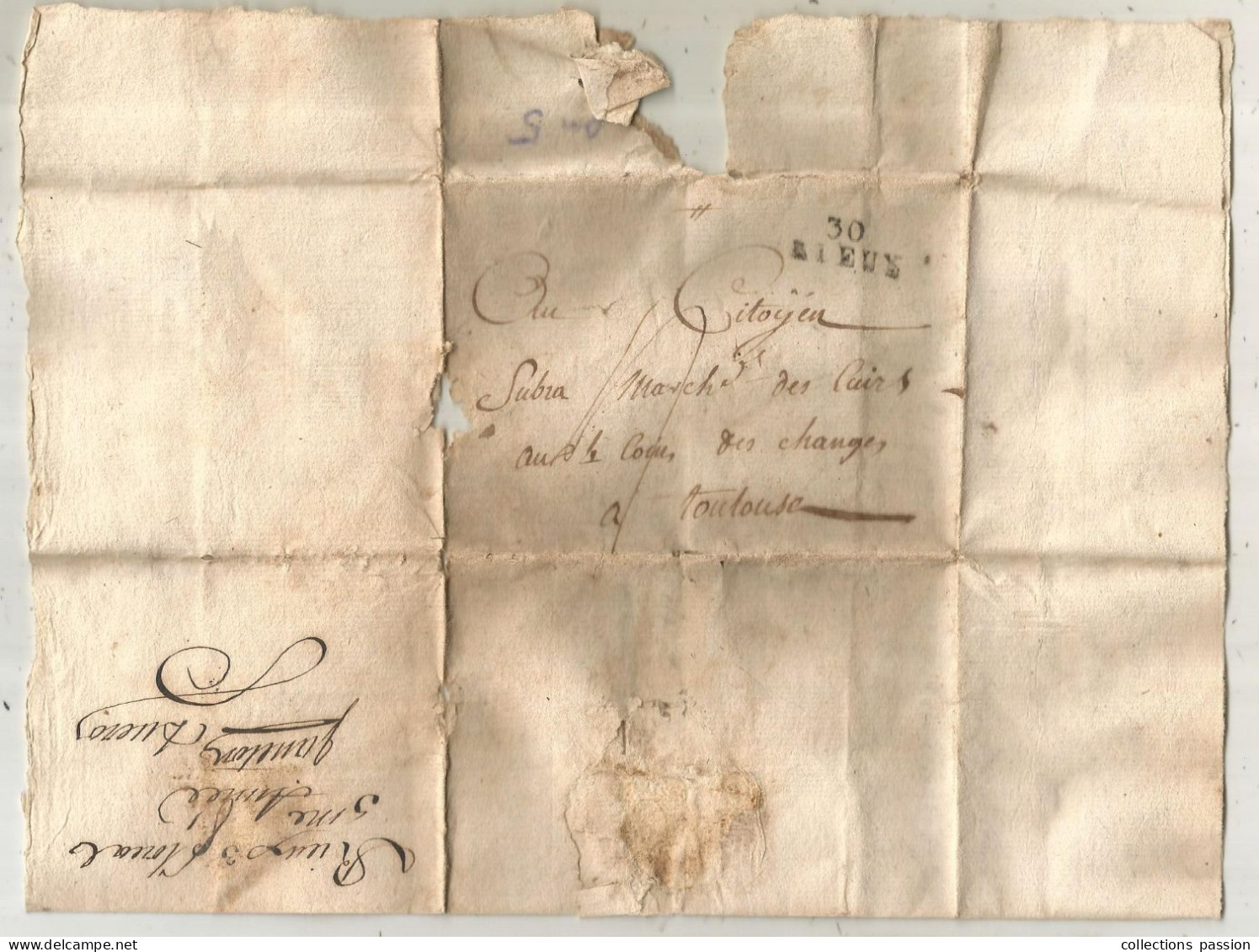 Lettre , Préphilatélie, Précurseurs XVIII E Siècle, 22 Avril 1797, 3 Floreal An 5, 30 RIEUX à TOULOUSE, 2 Scans - 1701-1800: Précurseurs XVIII