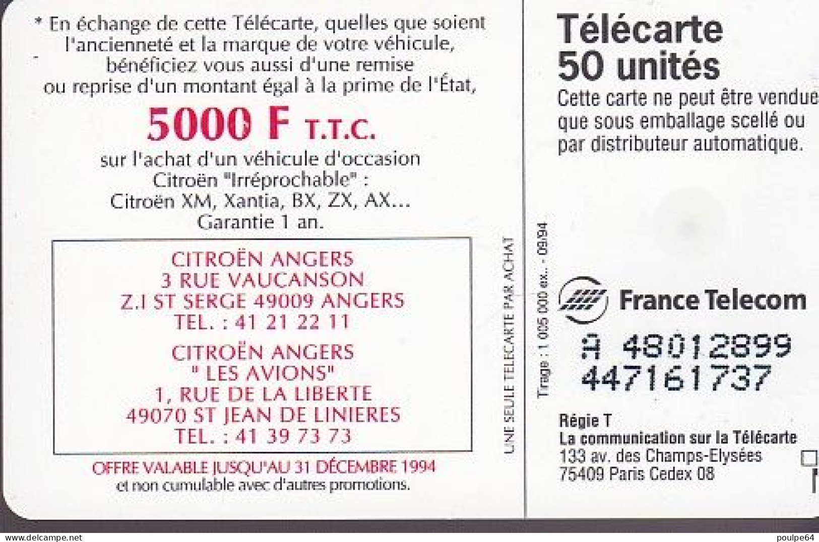 F507L - 09/1994 - CITROËN XM " Angers " - 50 SO3 - 1994