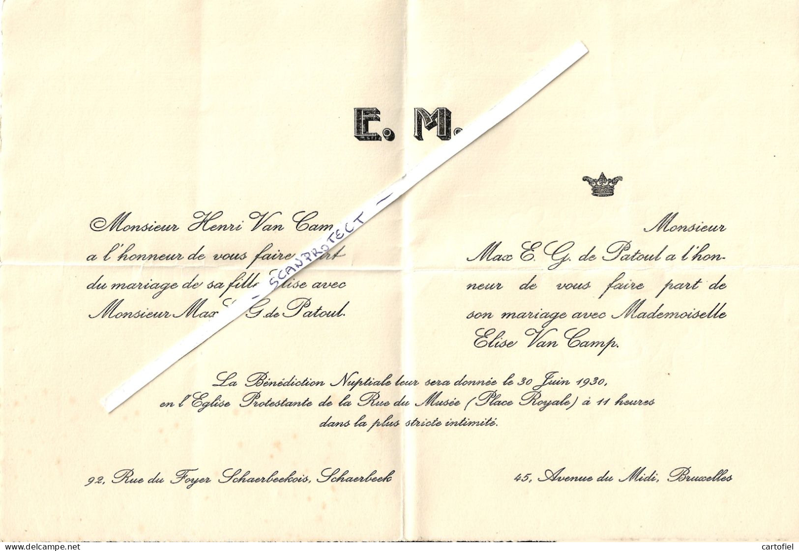 FAIRE-PART-MARIAGE-MAX De PATOUL+ELISE VAN CAMP-1930-COURONNE-EGLISE PROTESTANTE PLACE ROYALE-BRUXELLES-SCHAERBEEK-RARE - Hochzeit