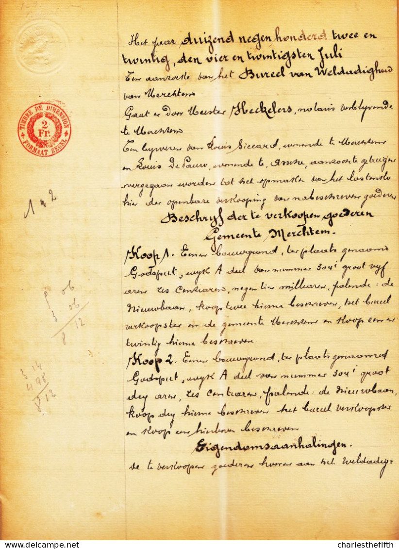 MERCHTEM 1922 - OPENBARE VERKOOP Door WELDADIGHEIDSBUREEL MERCHTEM Aan BAEYENS - VERHAEGEN - Historical Documents