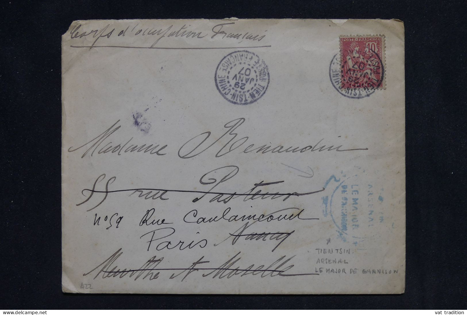 CHINE - Type Mouchon Sur Enveloppe De Tientsin Pour Paris En 1907 Avec Cachet Militaire - L 148124 - Briefe U. Dokumente