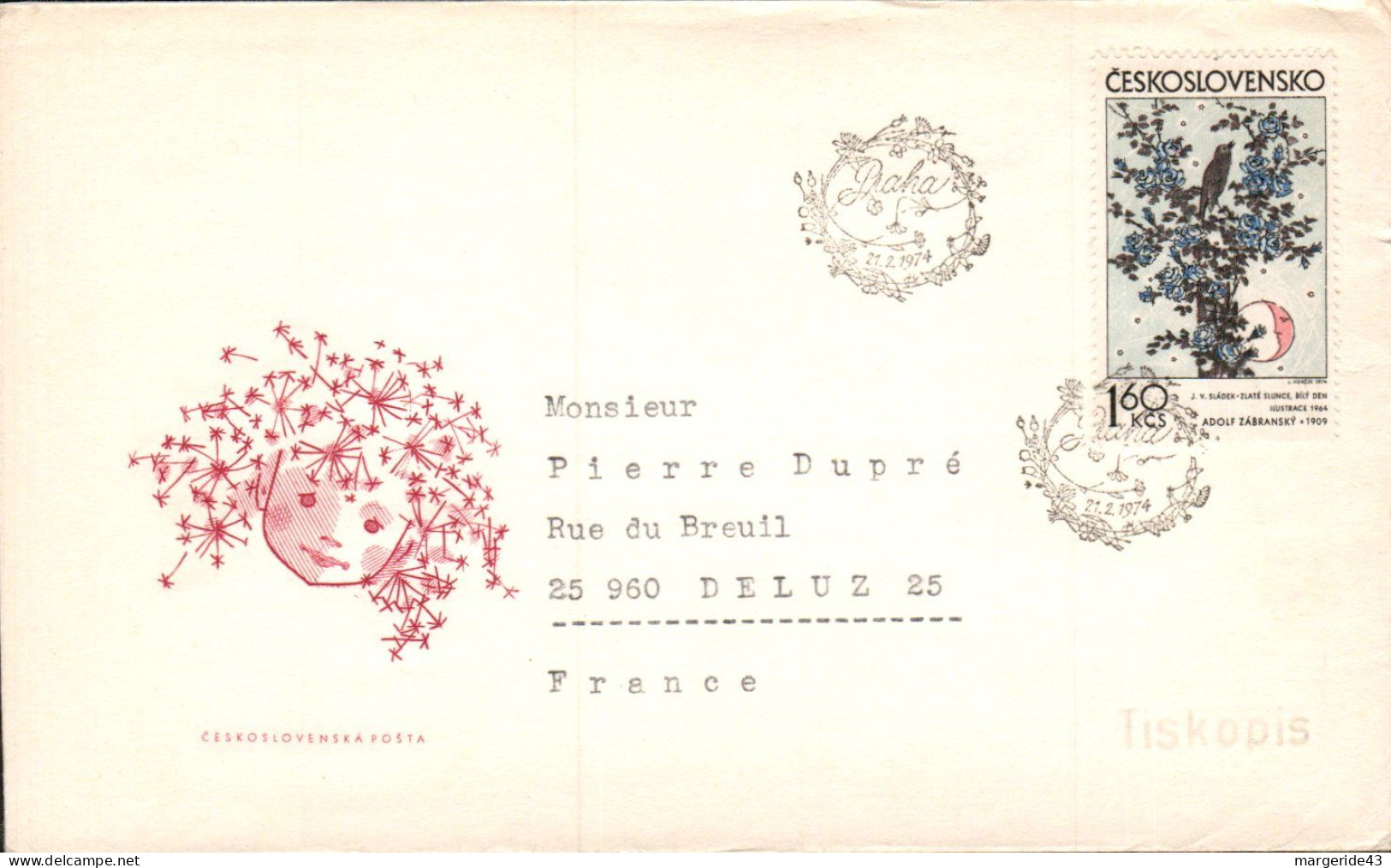 TCHECOSLOVAQUIE LETTRE FDC POUR LA FRANCE 1974 - Briefe U. Dokumente