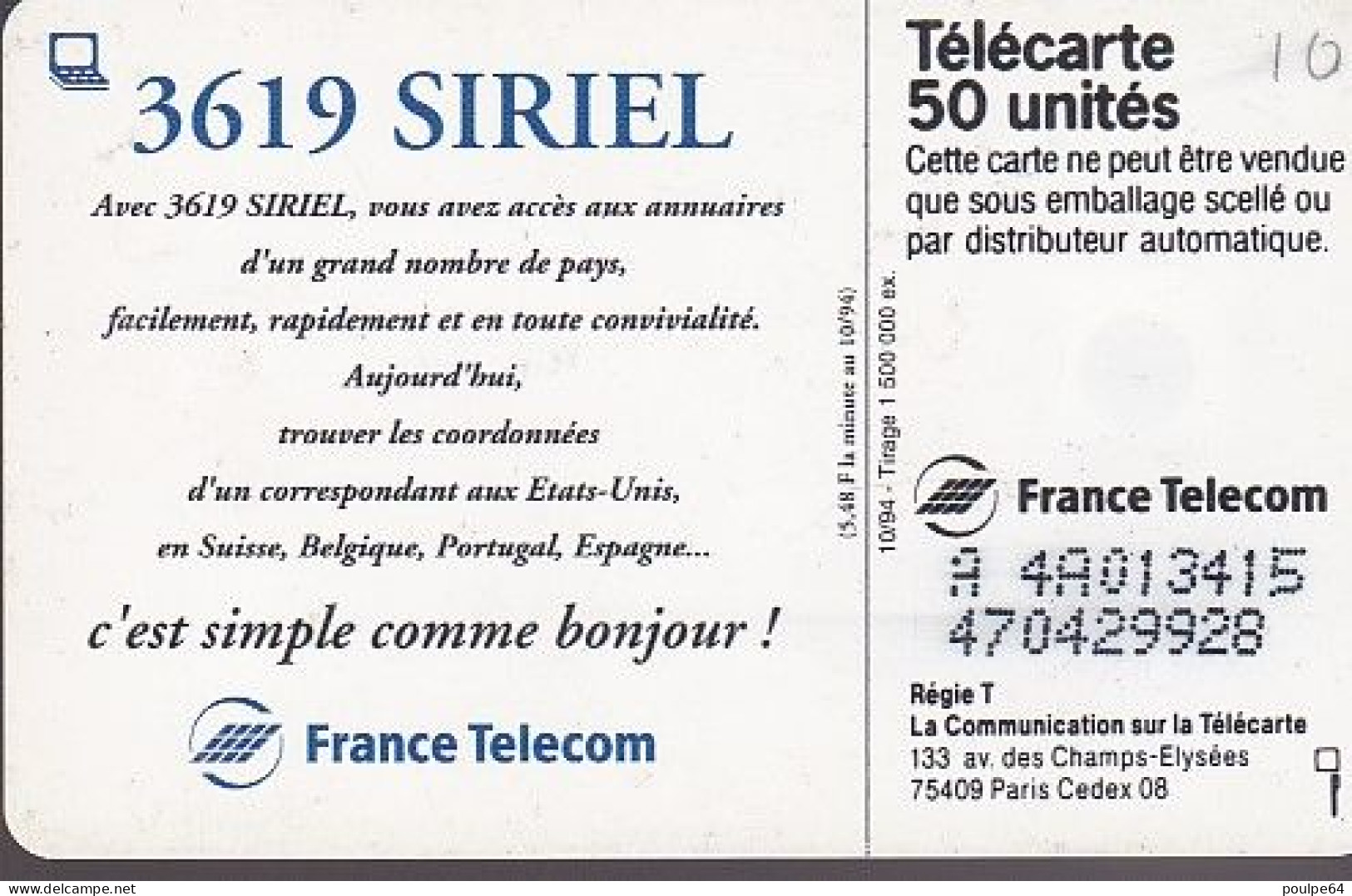 F514 - 10/1994 - 36.19 SIRIEL - 50 SO5 (verso : N° Penchés Deux Lignes - 2ème Ligne Décalée Vers La Gauche Sous Le A) - 1994