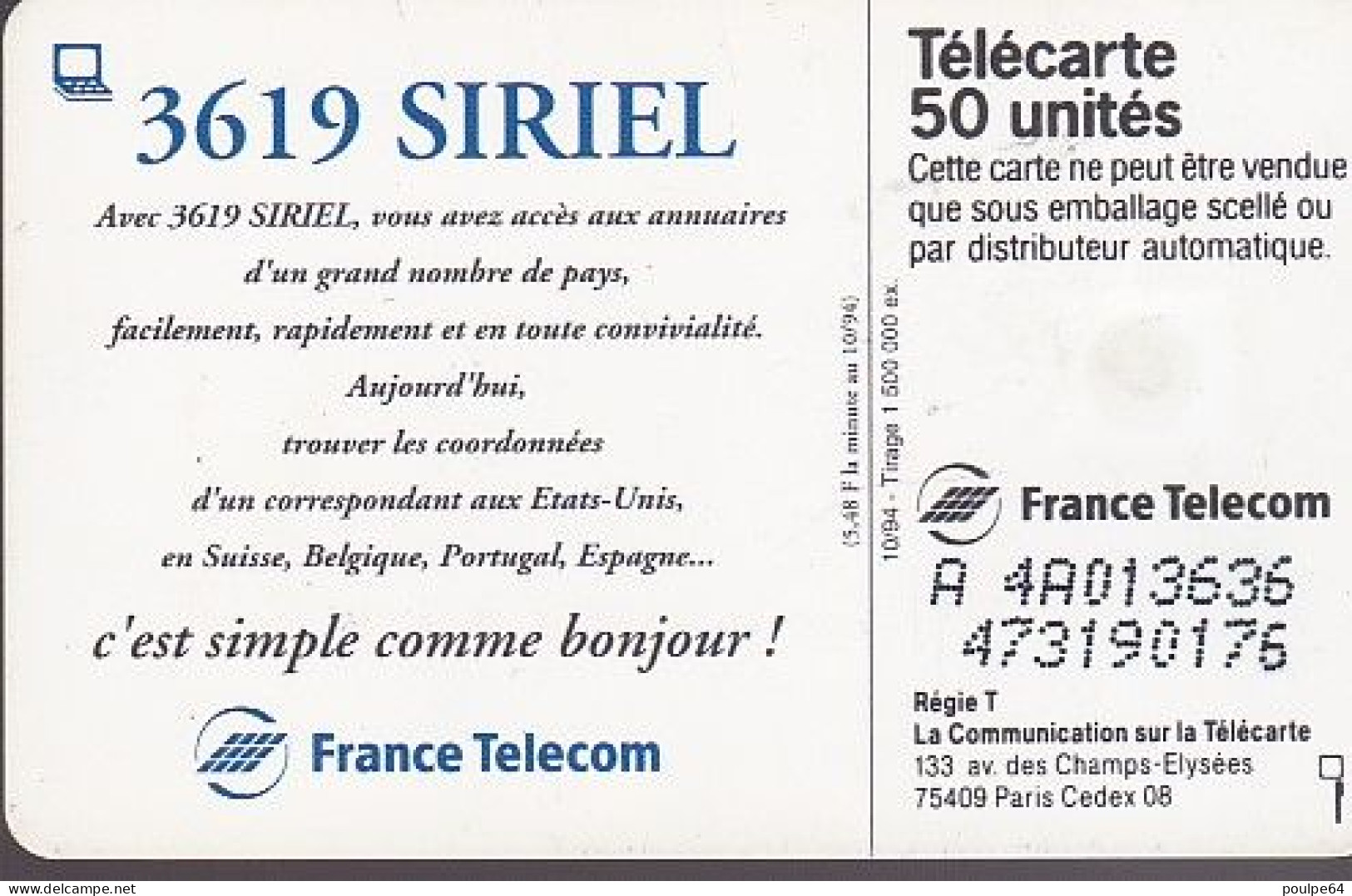 F514 - 10/1994 - 36.19 SIRIEL - 50 SO5 (verso : N° Penchés Deux Lignes - 2ème Ligne Décalée Vers La Droite) - 1994