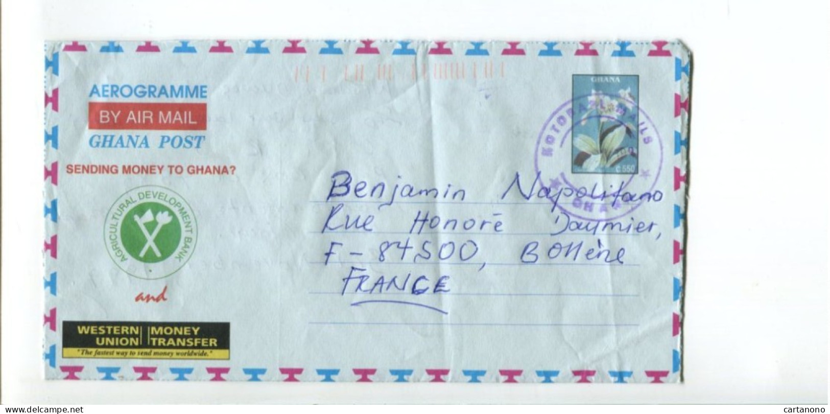 GHANA - Aérogramme C550 Fleur Oblitéré Pour La France - Pub Western Union / Banque Pour Développement De L'Agriculture - Ghana (1957-...)