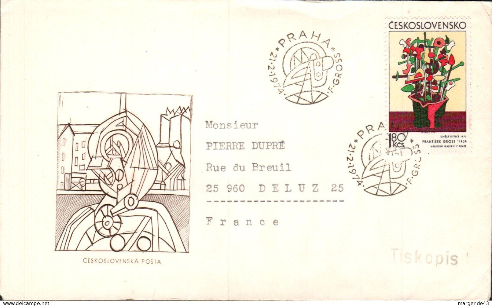 TCHECOSLOVAQUIE LETTRE FDC POUR LA FRANCE 1974 - Brieven En Documenten