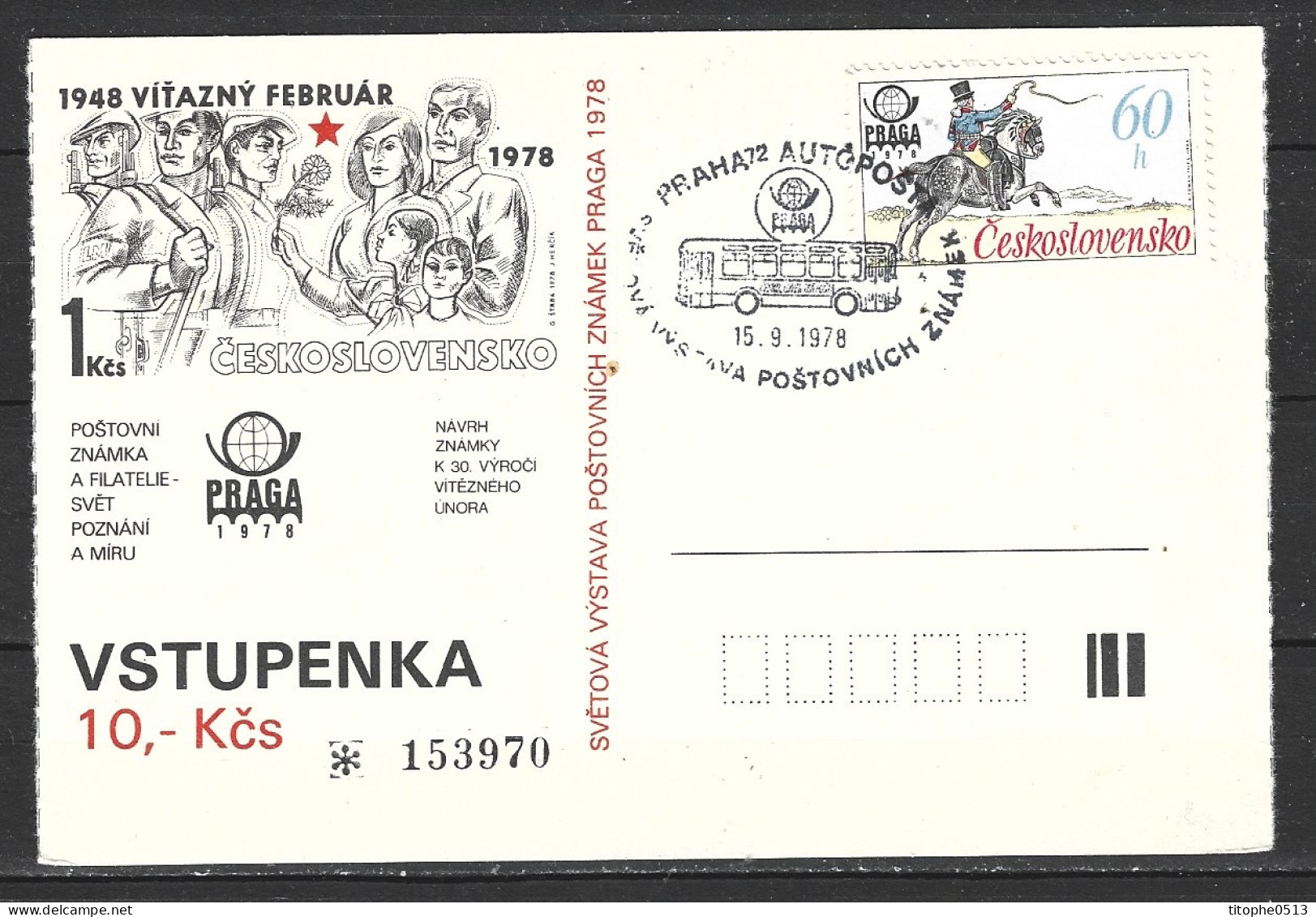 TCHECOSLOVAQUIE. Carte D'entrée Pour Praga'78. Flamme "Autobus". - Busses