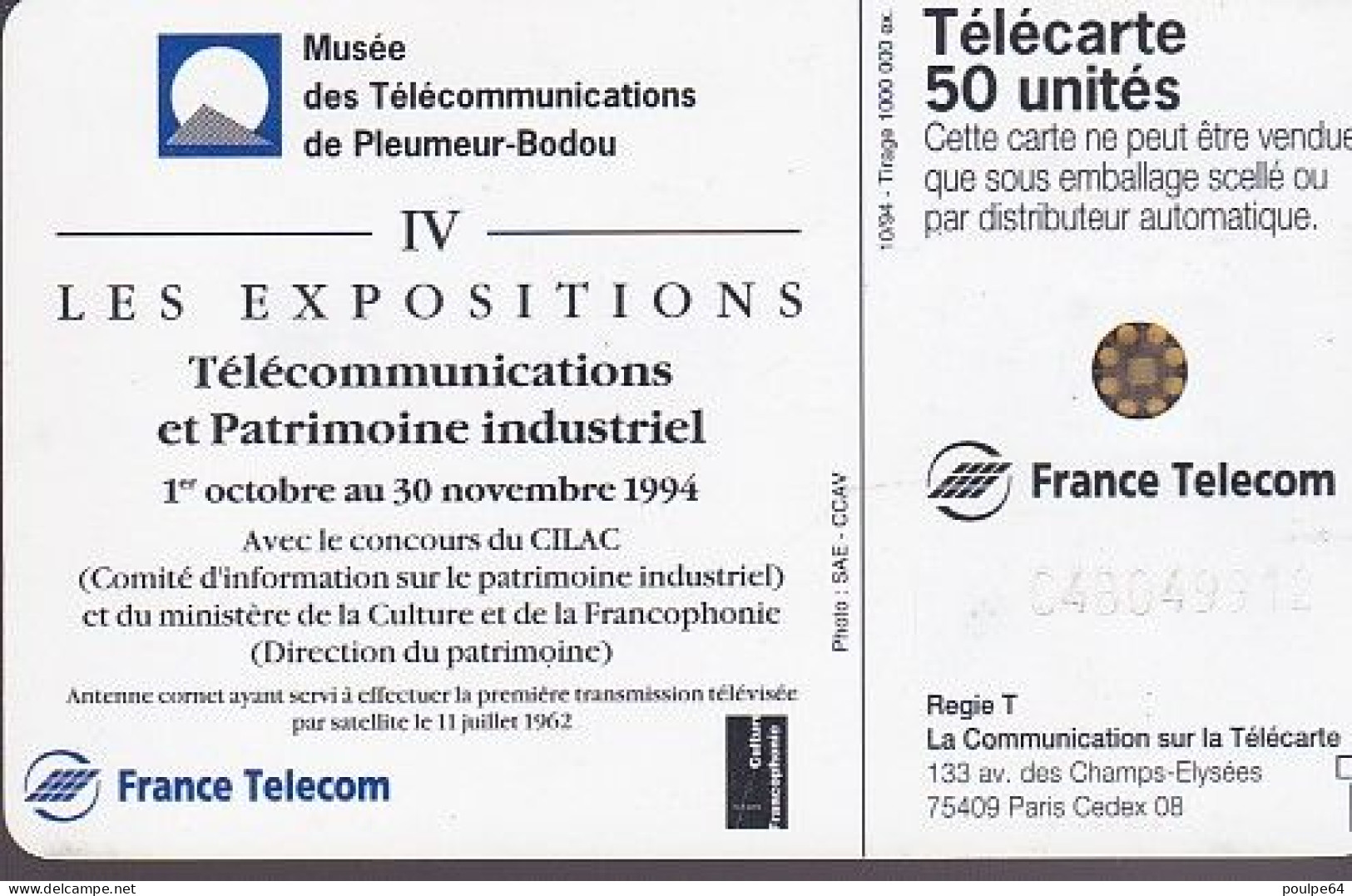 F522 - 10/1994 - TÉLÉCOM ET PATRIMOINE - 50 SC5    (verso : N° Au Centre) - 1994