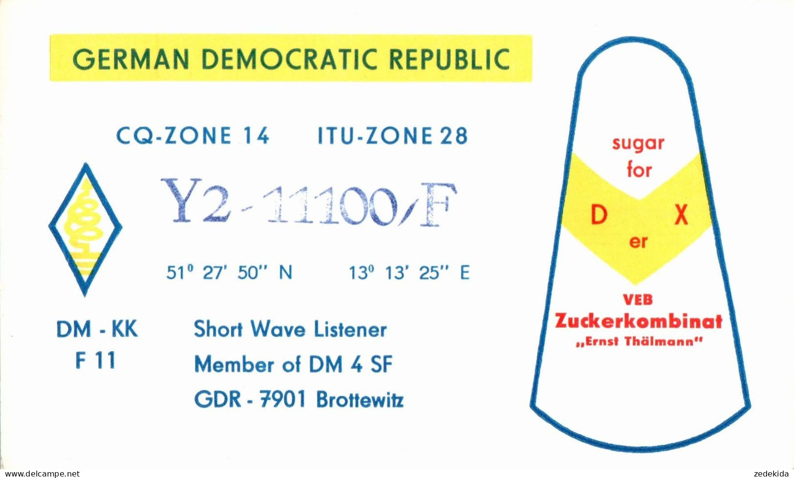 G6459 - Brottewitz - QSL Amateurfunkerkarte Radio Funkerkarte - Sugar VEB Zuckerkombinat - Verlag DDR - Radio