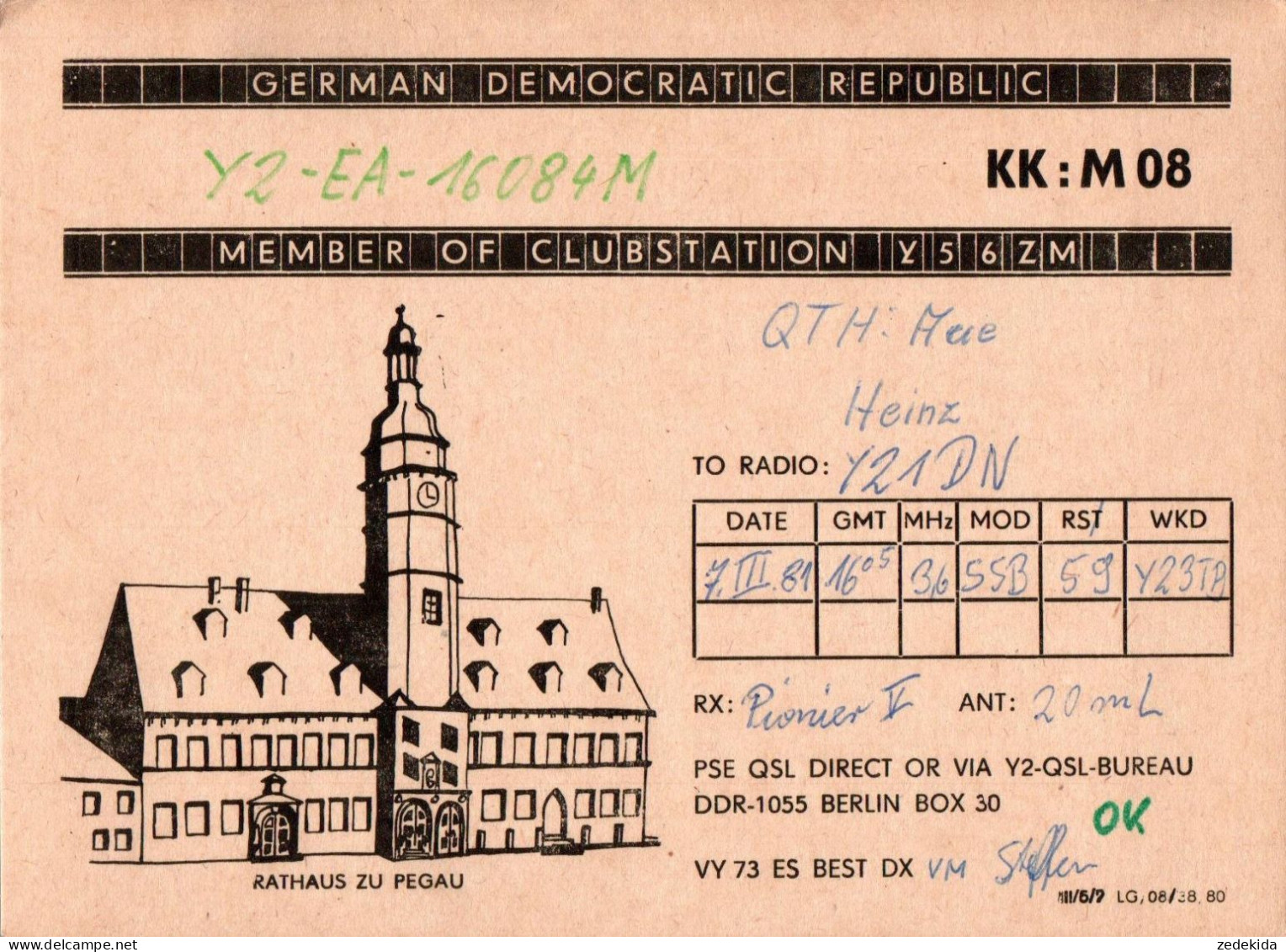 G6462 - Pegau - QSL Amateurfunkerkarte Radio Funkerkarte - Rathaus - Verlag DDR - Radio