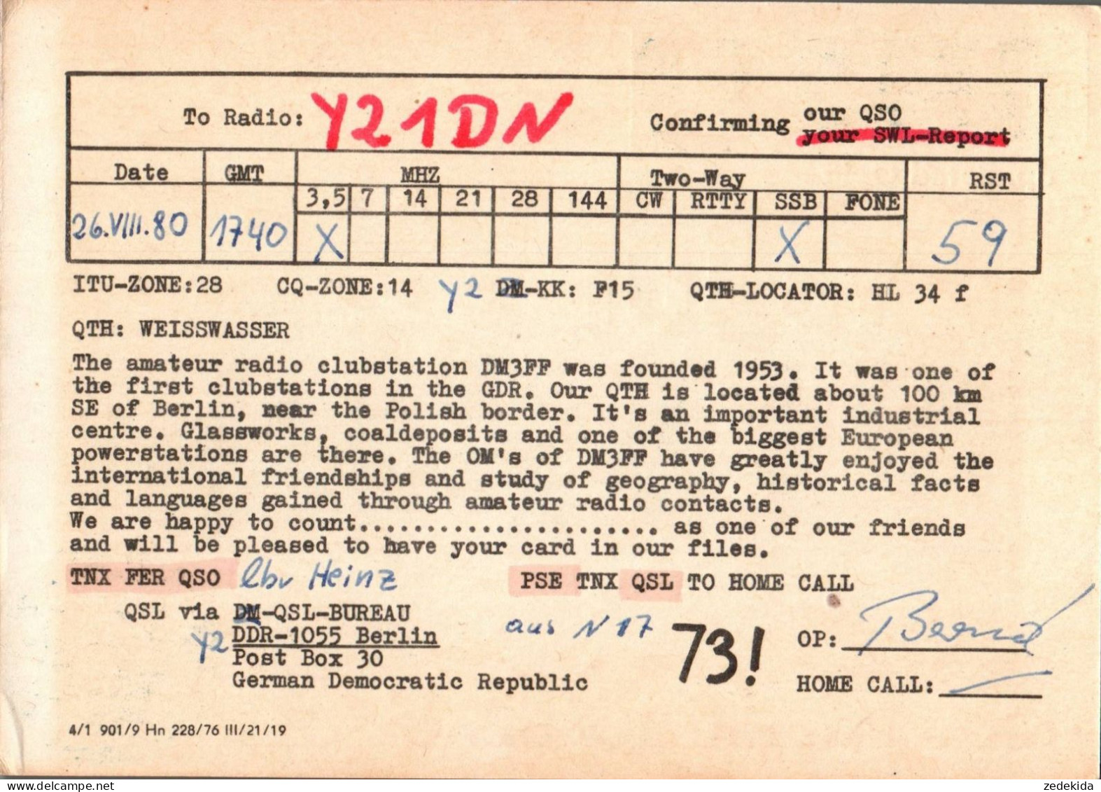 G6472 - Weisswasser Boxberg Kraftwerk DSF - QSL Amateurfunkerkarte Radio Funkerkarte -  Verlag DDR Grafik - Radio