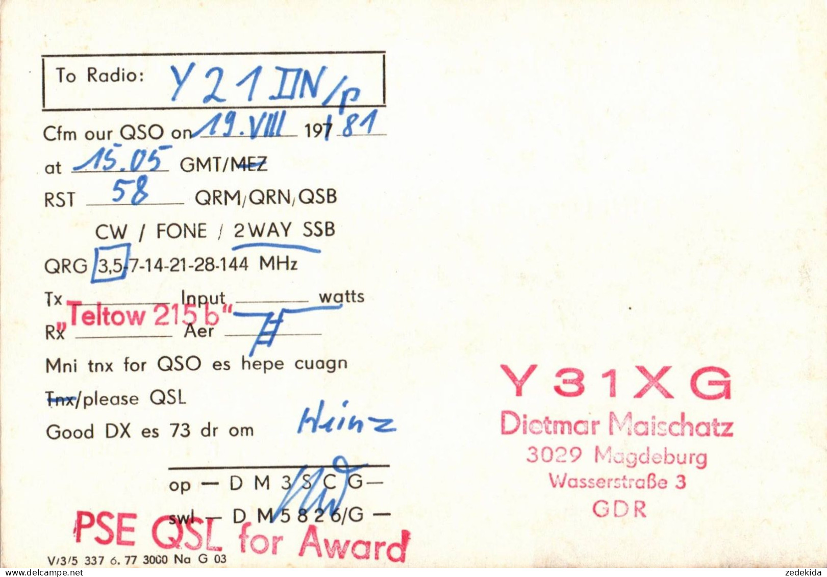 G6485 - Burg Dietmar Maischatz - QSL Amateurfunkerkarte Radio Funkerkarte - Verlag DDR - Radio