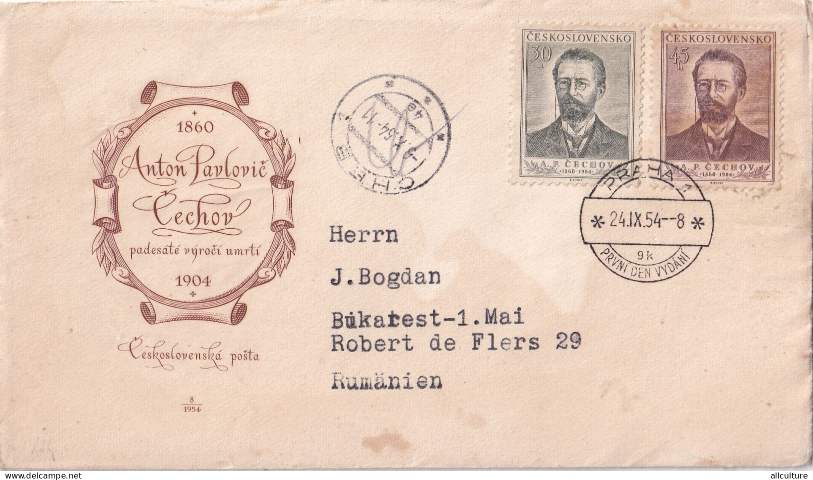 A23363 - Czech Republic - First Day Cover - Anton Pavlovic Cechov1904 - 1954 Stamp  - FDC