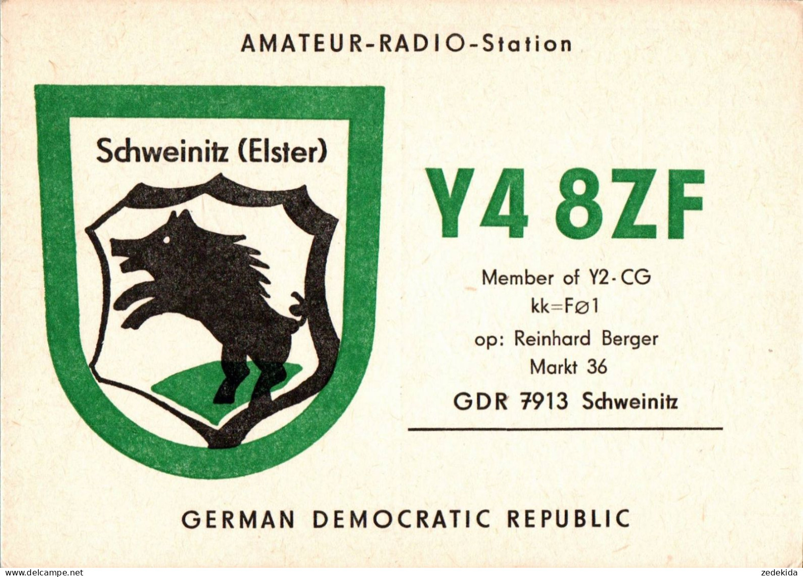 G6489 - Schweinitz Reinhard Berger - QSL Amateurfunkerkarte Radio Funkerkarte - Verlag DDR Wappenkarte - Radio