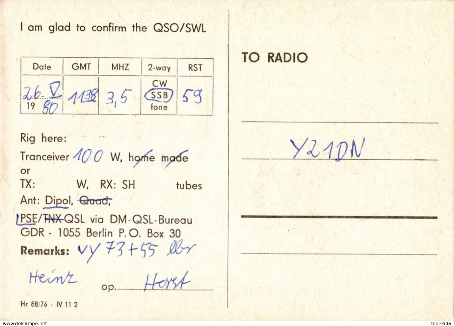 G6490 - Schweinitz Reinhard Berger - QSL Amateurfunkerkarte Radio Funkerkarte - Verlag DDR Wappenkarte - Radio