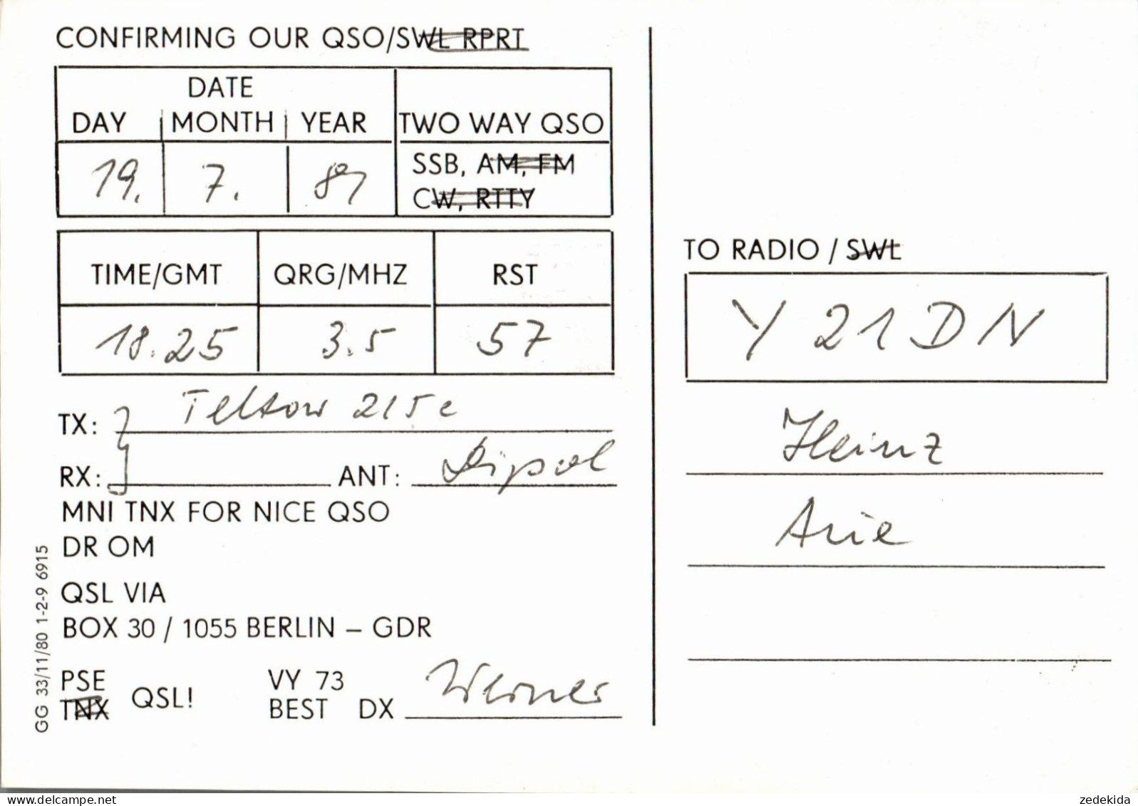 G6494 - Schwedt - QSL Amateurfunkerkarte Radio Funkerkarte - Verlag DDR - Radio