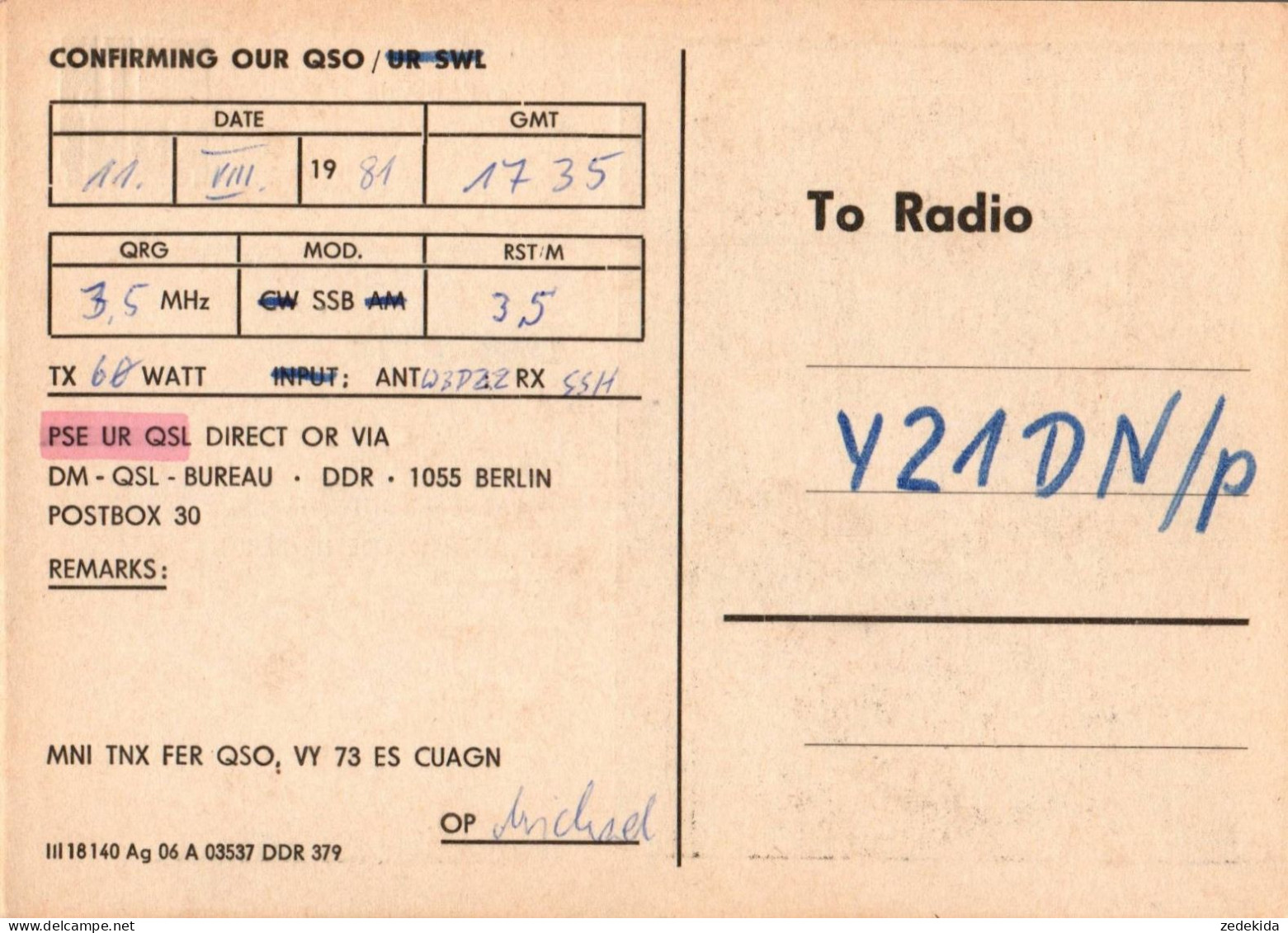 G6496 - Eberswalde Hafen VEB Kran Bau Klubstation GST - QSL Amateurfunkerkarte Radio Funkerkarte - Verlag DDR - Radio