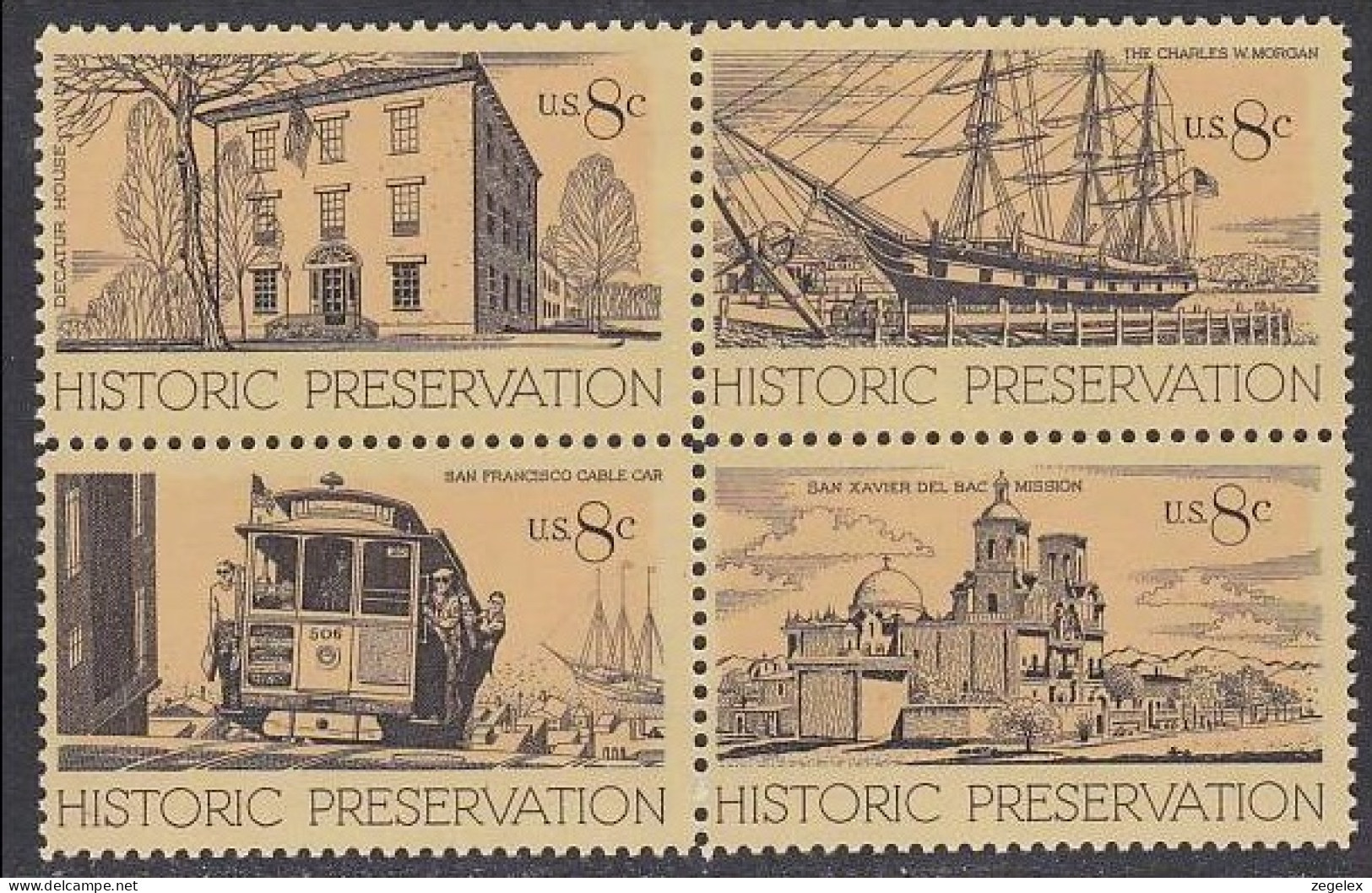 USA 1971 Historic Preservation - Cable Car - Block Of 4 MNH** Scott No. 1440-1443a - Unused Stamps