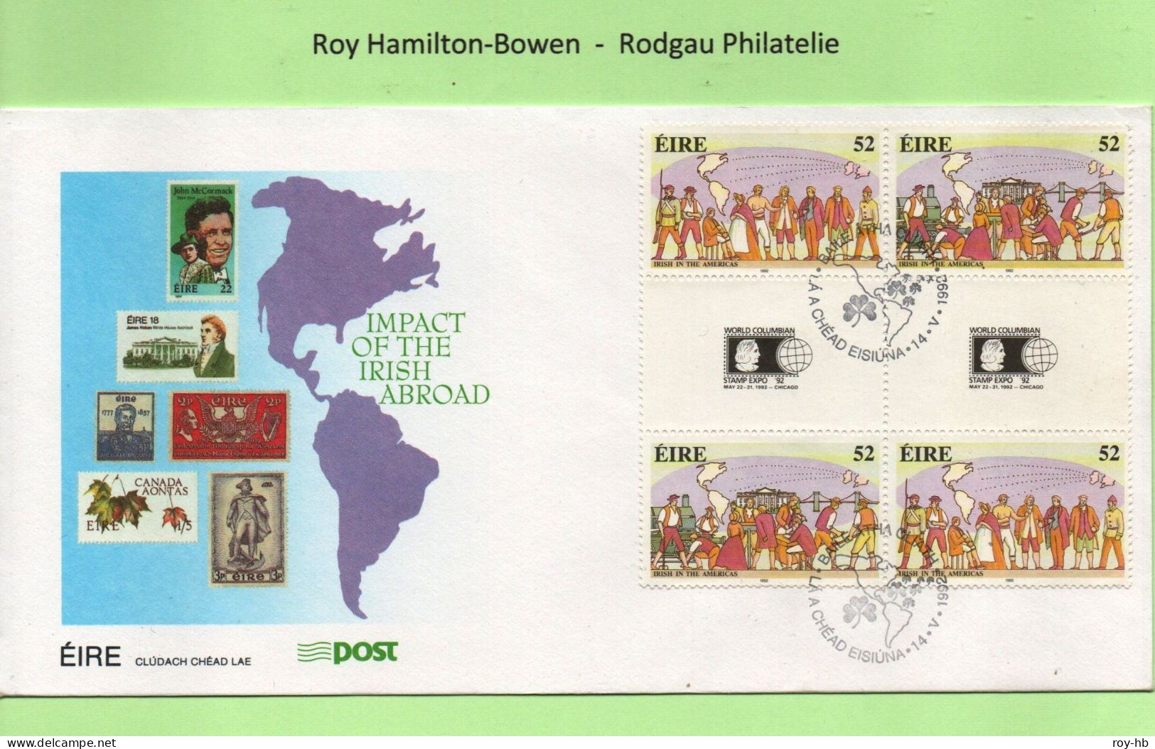 1992 Irish Immigrants In Gutter Blocks Of 4 With WORLD COLUMBIAN EXPO '92 Imprints On Official FDC.  Rare! - Cartas & Documentos
