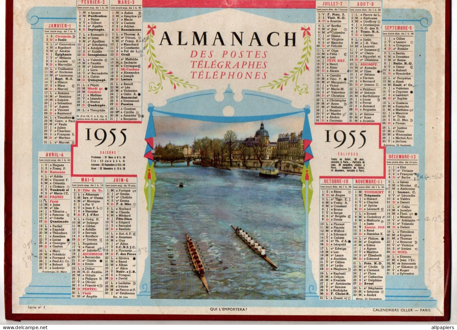 Calendrier Almanach Des P.T.T. 1955 Du Nord - Photo Série 1 Qui L'emportera ? - Oller - Format : 28.5x21.5 Cm - Big : 1941-60