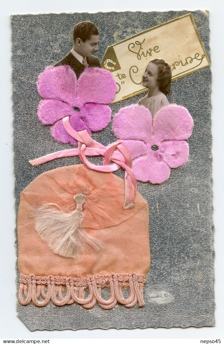 Fantaisie.Bonnet St Catherine Soie Et Fleurs Roses,couple D'amoureux.carte à Fond Argentées - Sainte-Catherine