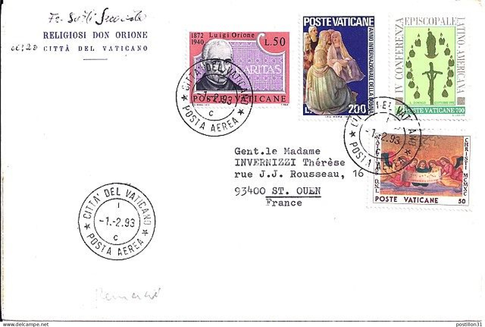 VATICAN N° S/L. DU 1.2.93 POUR LA FRANCE - Lettres & Documents