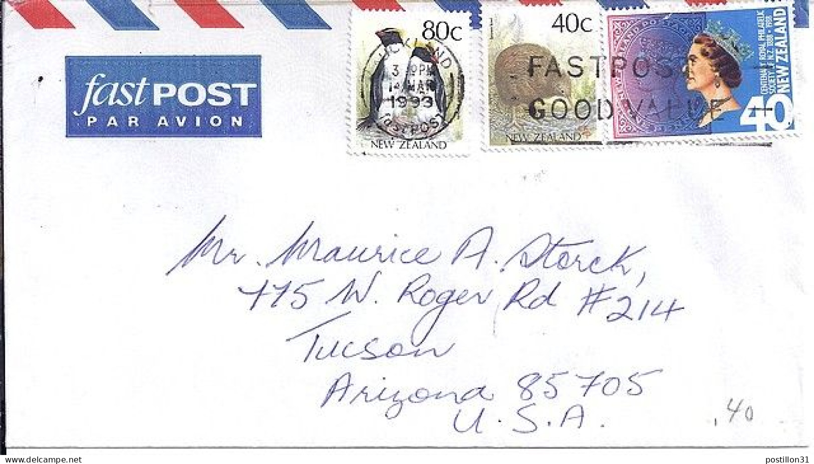 Nlle ZELANDE N° S/L. DE AUCKLAND/14.3.93 POUR LES USA - Storia Postale