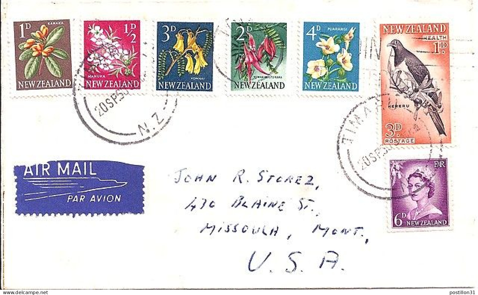 Nlle ZELANDE N° 403/385/384/387/386/388/355 S/L. DE TIMARU/20.9.60 POUR LES USA - Storia Postale