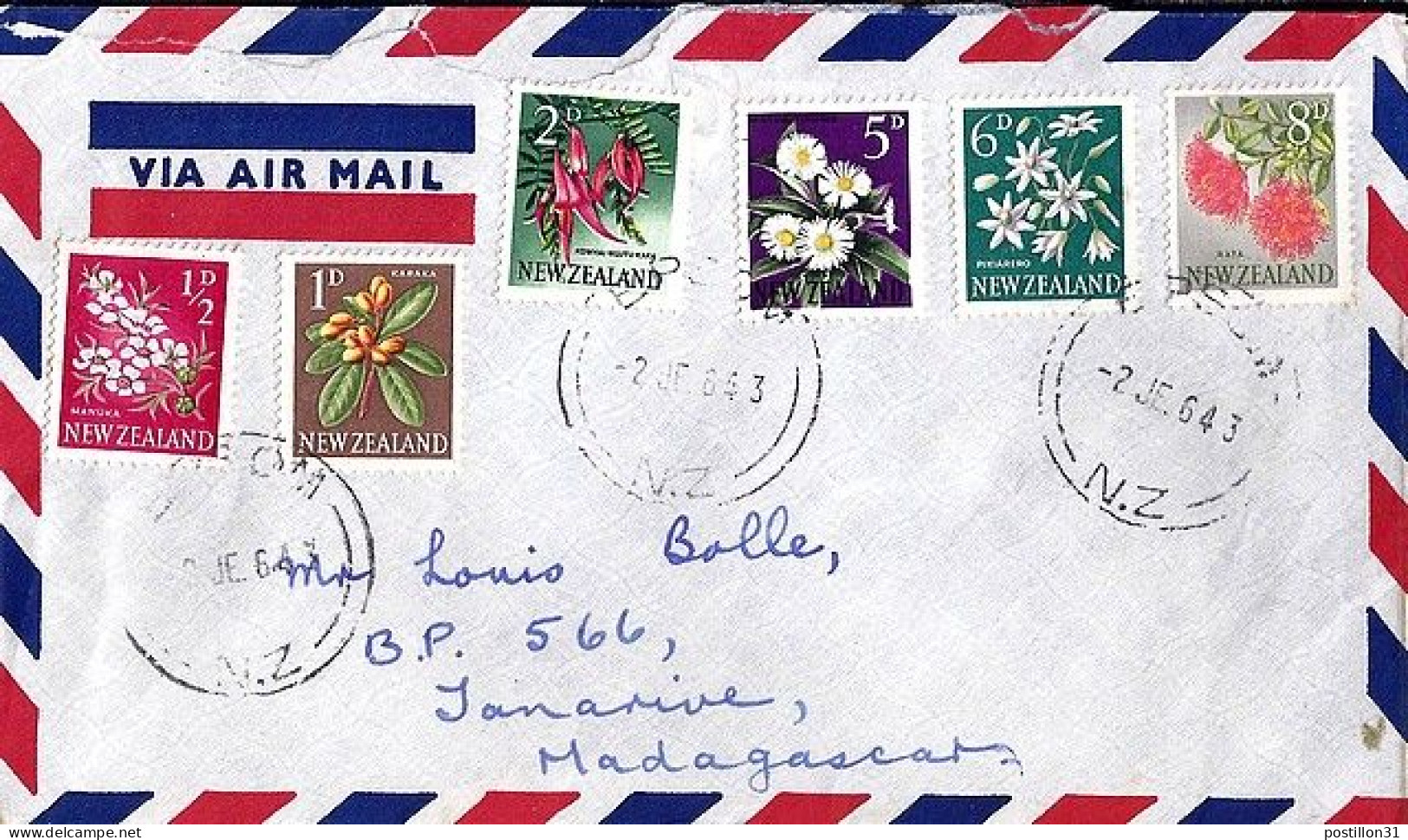 Nlle ZELANDE N° 386/385/384/388A/389/390 S/L. DE EPSOM/2.6.64  POUR MADAGASCAR - Storia Postale