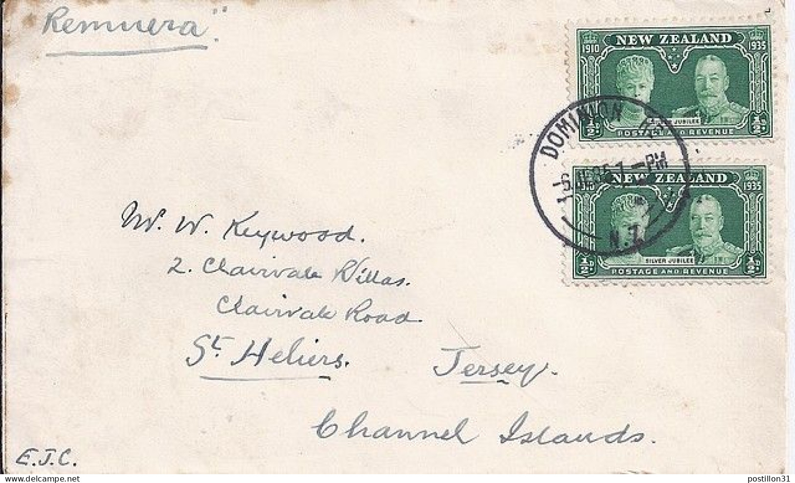 Nlle ZELANDE N° 207x2 S/L. DU 6.7.35  POUR JERSEY - Lettres & Documents