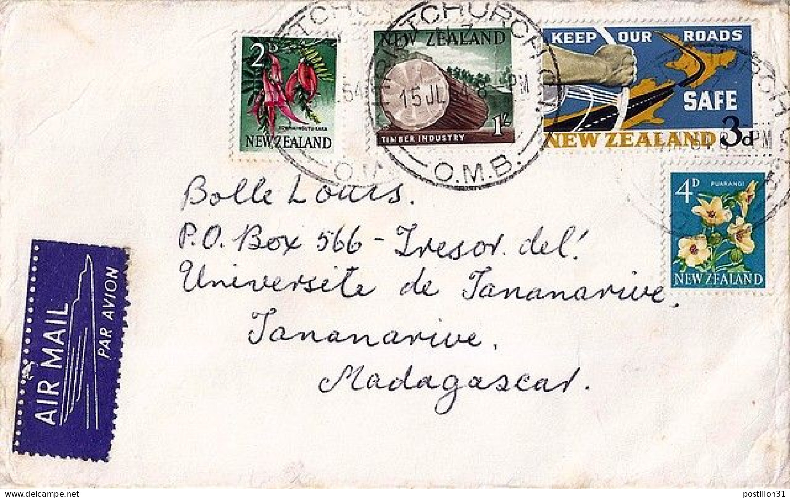 Nlle ZELANDE N° 420/392/386/388 S/L. DE CHRISTCHURCH/15.7.64 POUR MADAGASCAR - Covers & Documents