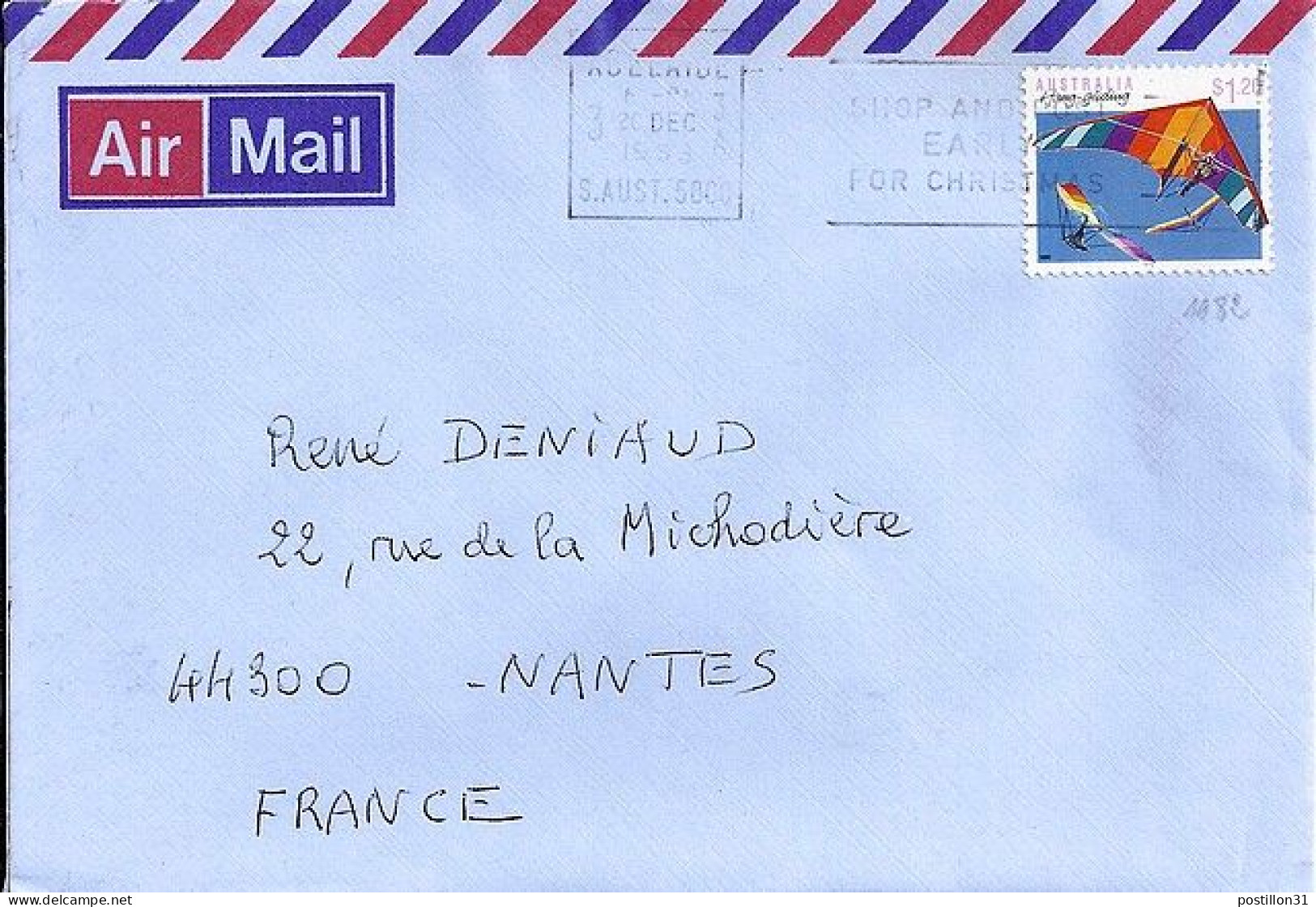 AUSTRALIE N° 1182 SUR L. DE ADELAIDE/20.12.90 POUR LA FRANCE - Cartas & Documentos