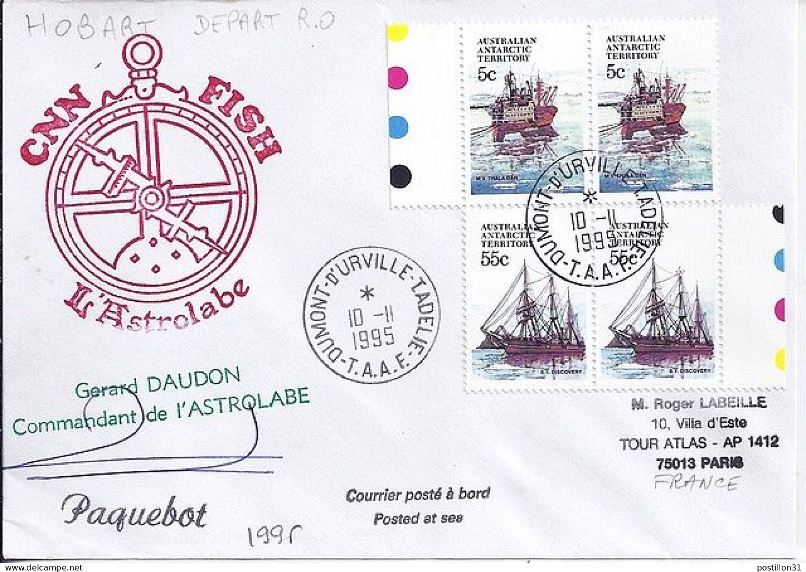 AUSTRALIE N° S/L. DES TAAF FRANCAISES/10.11.95 POSTEE A BORD POUR LA FRANCE - Briefe U. Dokumente