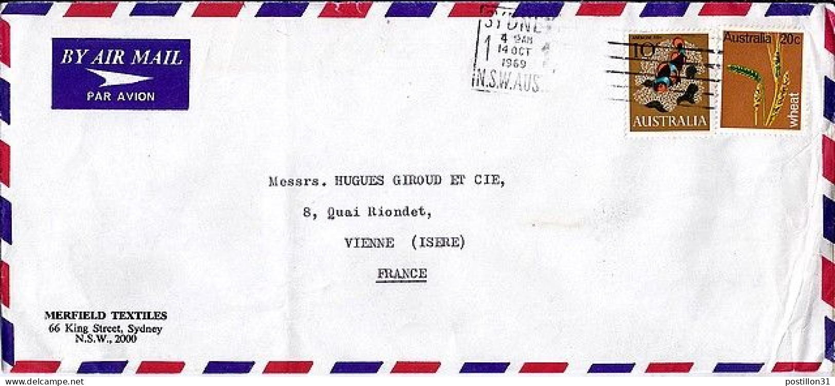 AUSTRALIE N° 390/328 S/L. DE SYDNEY/19.9.69 POUR LA FRANCE - Storia Postale