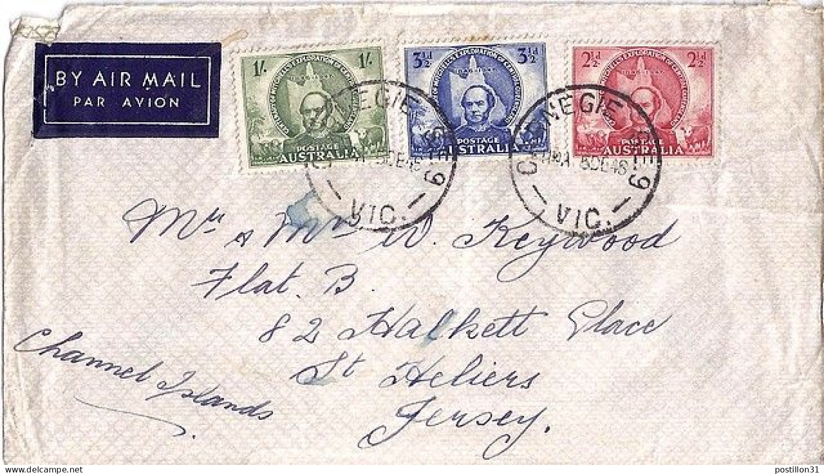 AUSTRALIE N° 152/153/154 S/L. DE CARNEGIE/5.12.48 POUR JERSEY - Storia Postale