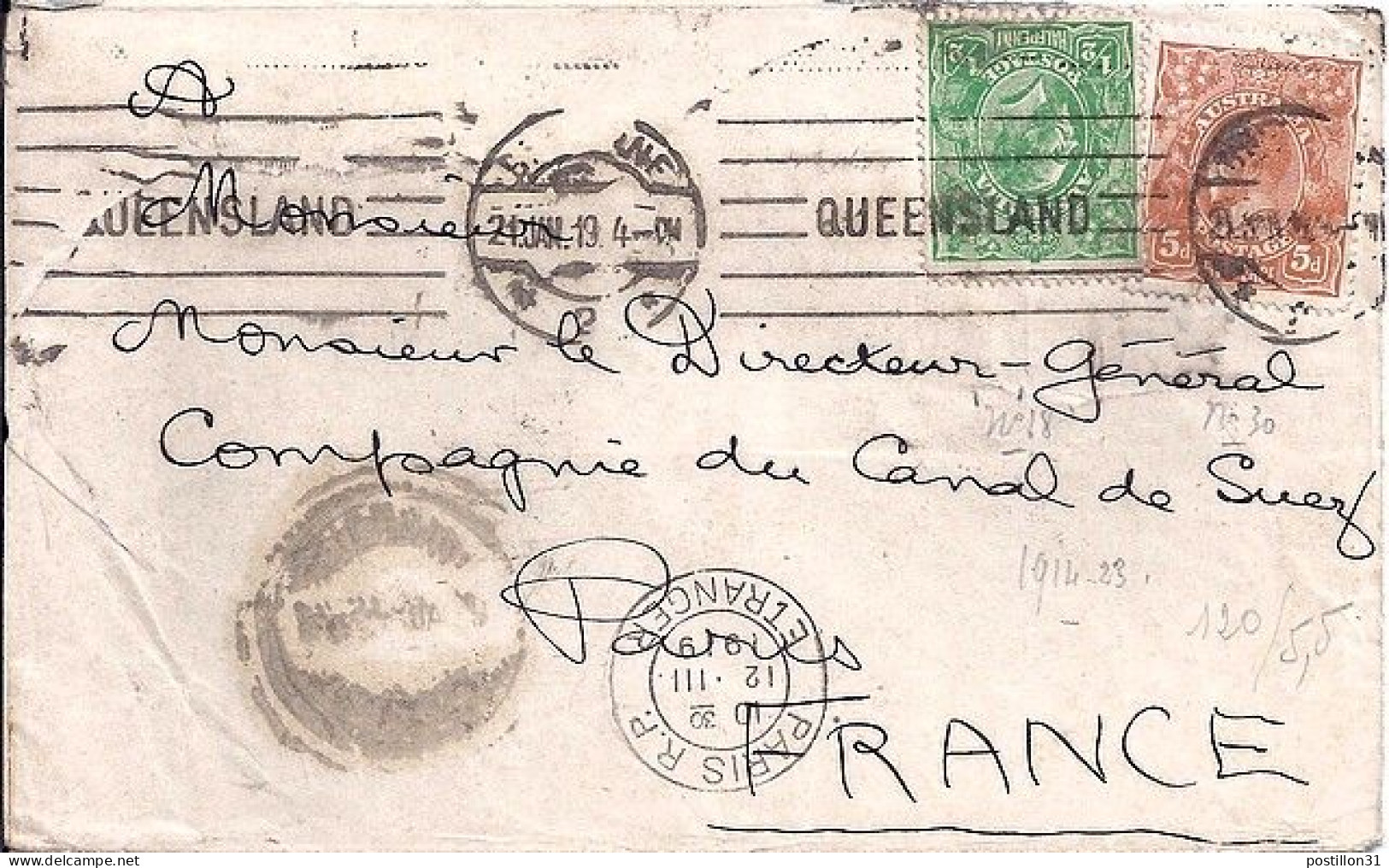 AUSTRALIE N° 18/30 S/L. DE BRISBANE/21.1.19 POUR LA FRANCE - Storia Postale