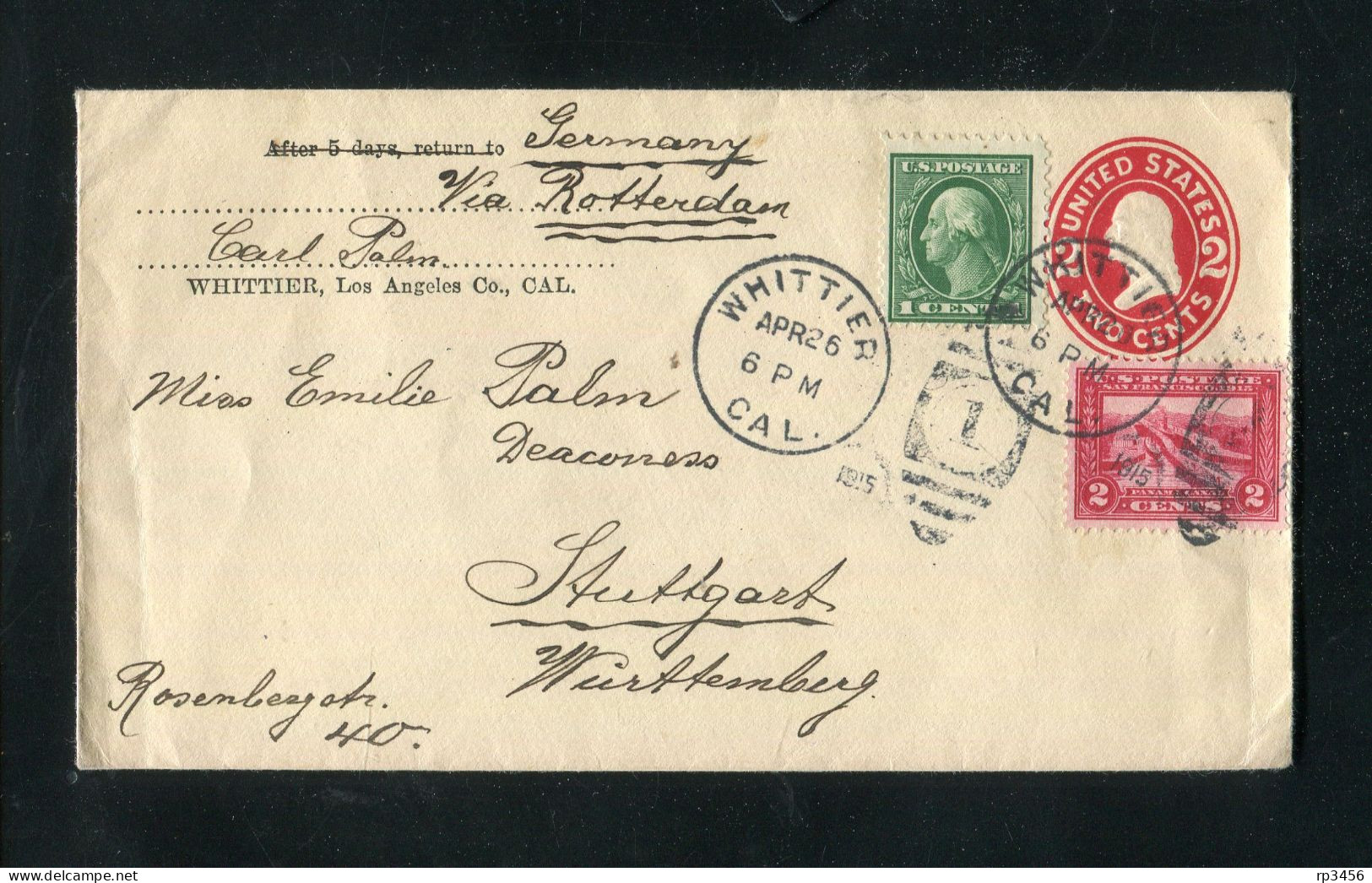 "USA" 1926, Ganzsachenumschlag Mit Int. Zusatzfrankatur, Stempel "WHITTIER", Nr.-Stempel "1", Nach Stuttgart (1192) - 1921-40