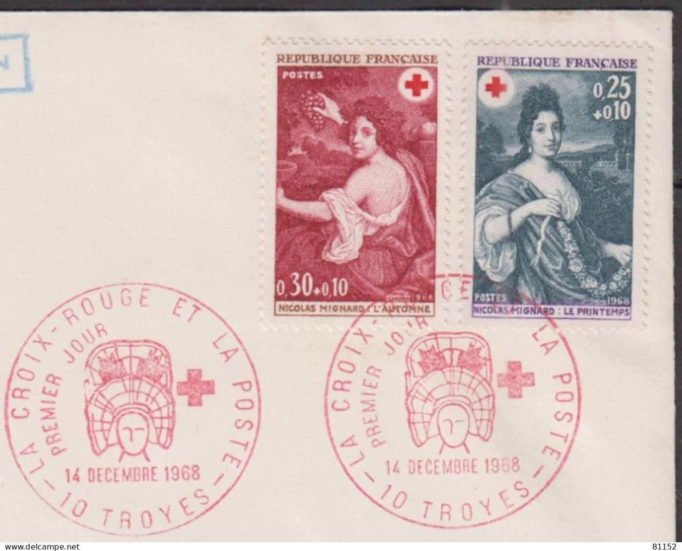 CROIX ROUGE Le Printemps 25c+10c Y.T.1580 + 30c+10c Y.T.1581 L'Automne Sur Lettre Le 14 Déc 1968  10 TROYES - Red Cross