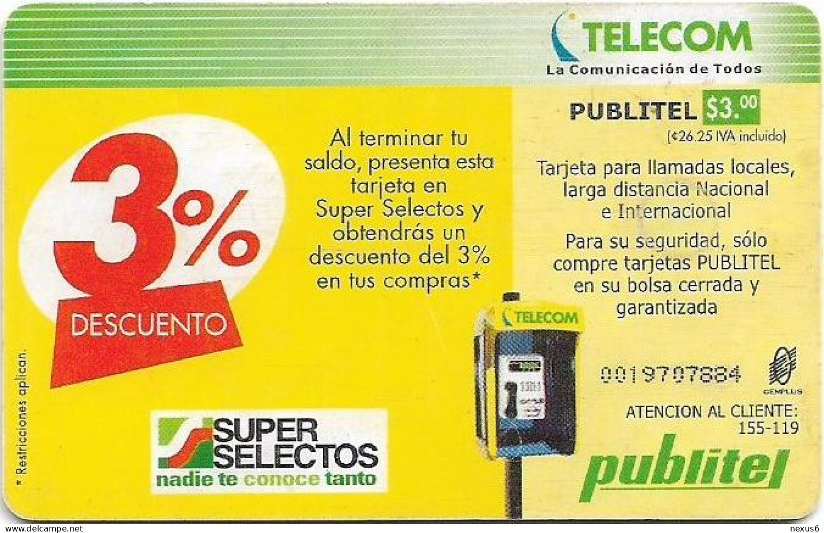 El Salvador - Publitel (Chip) - Gracias A Tí - 50 Años Super Selectos, Chip Gem5 Red, 2002, 3$, Used - Salvador