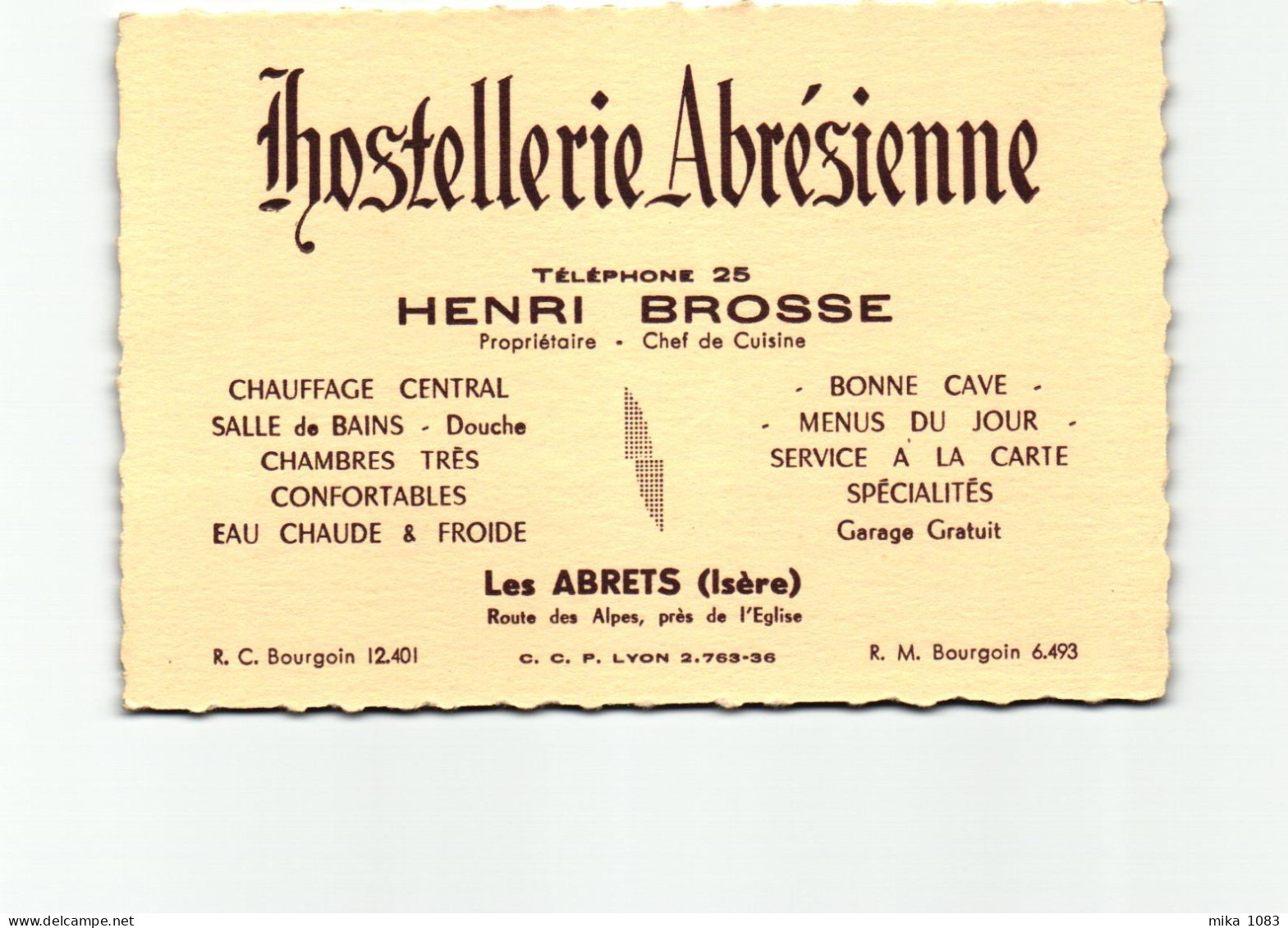 38 - Carte Publicitaire Les Abrets - Hostellerie Abrésienne - Henri Brosse (12 X 8 Cm) - Les Abrets